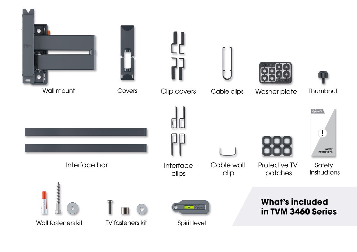 TV mount parts laid out: wall mount, covers, clips, washers, thumbnut, and more.