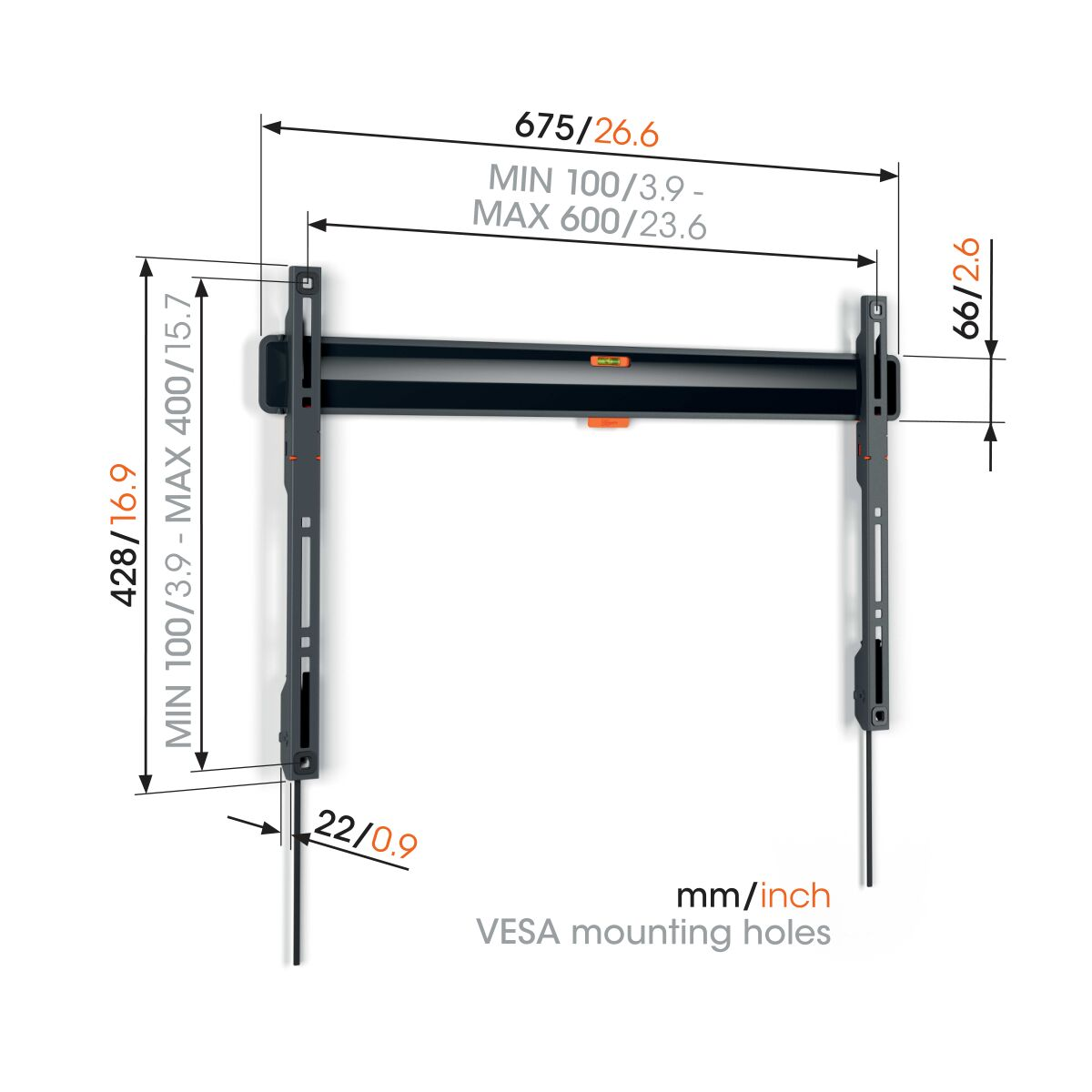 Black TV mount with dimensions and measurements in mm/inch. Two vertical supports.