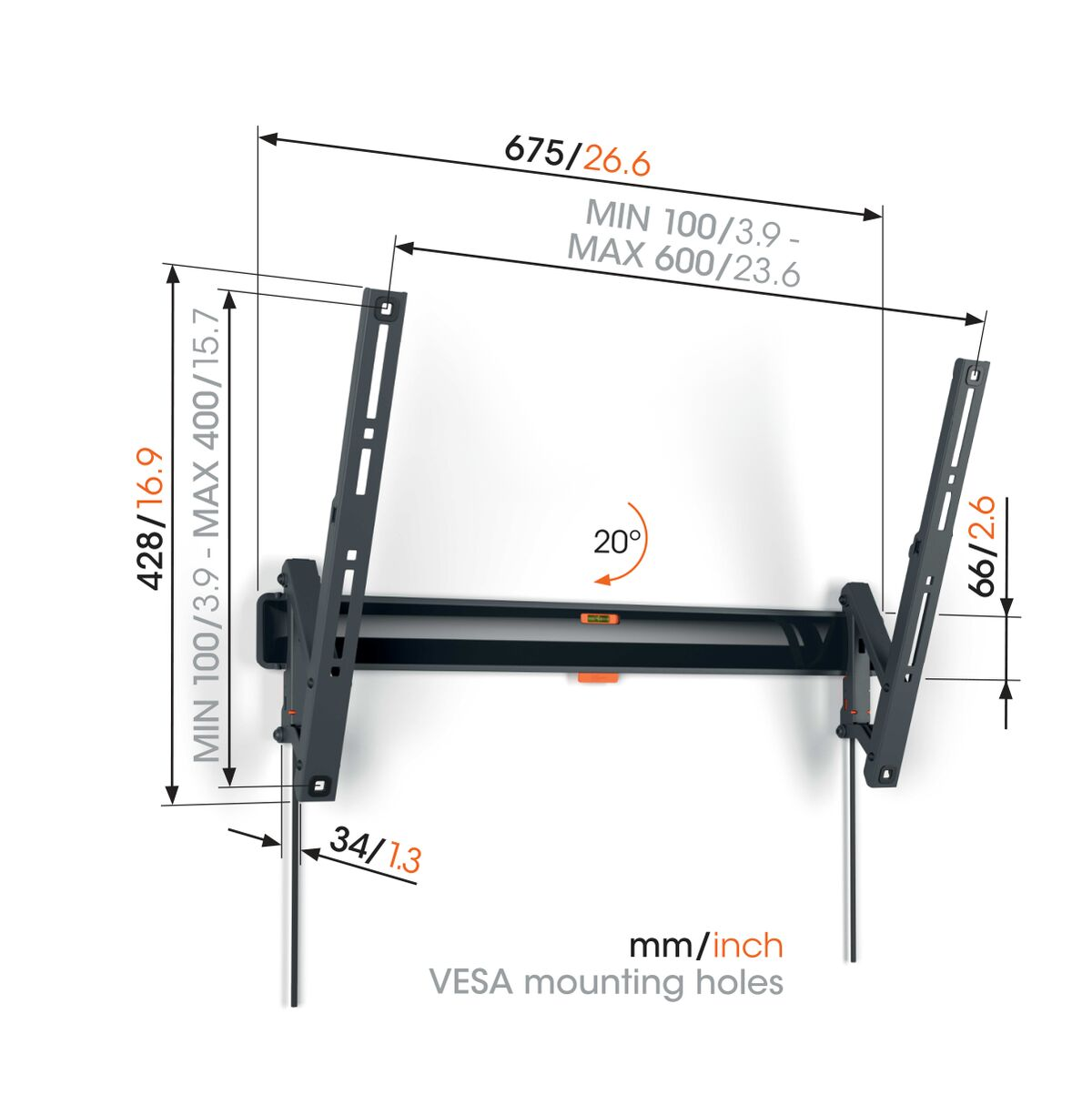 TV mount with dimensions and angles. Includes measurements in mm/inch and VESA mounting holes.