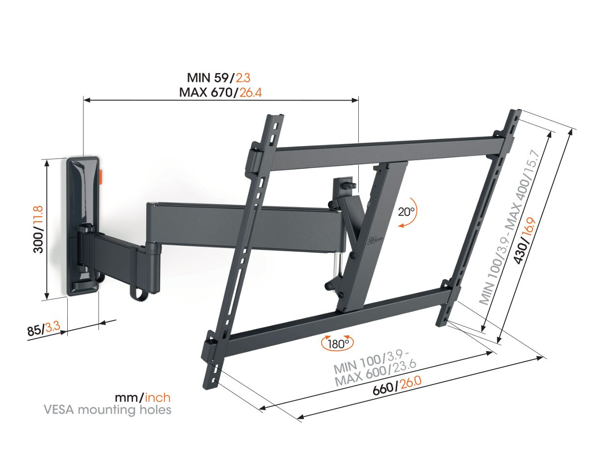 TV mounting bracket. Shows dimensions and angles. Grey and black, mounted on a white wall.