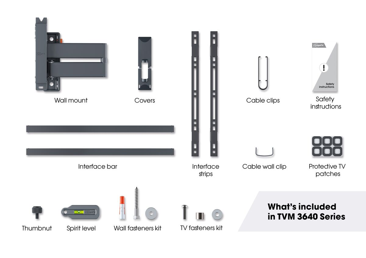Assembly of a TV wall mount. Multiple parts are displayed: Wall mount, interface bar, cable clips, and more.
