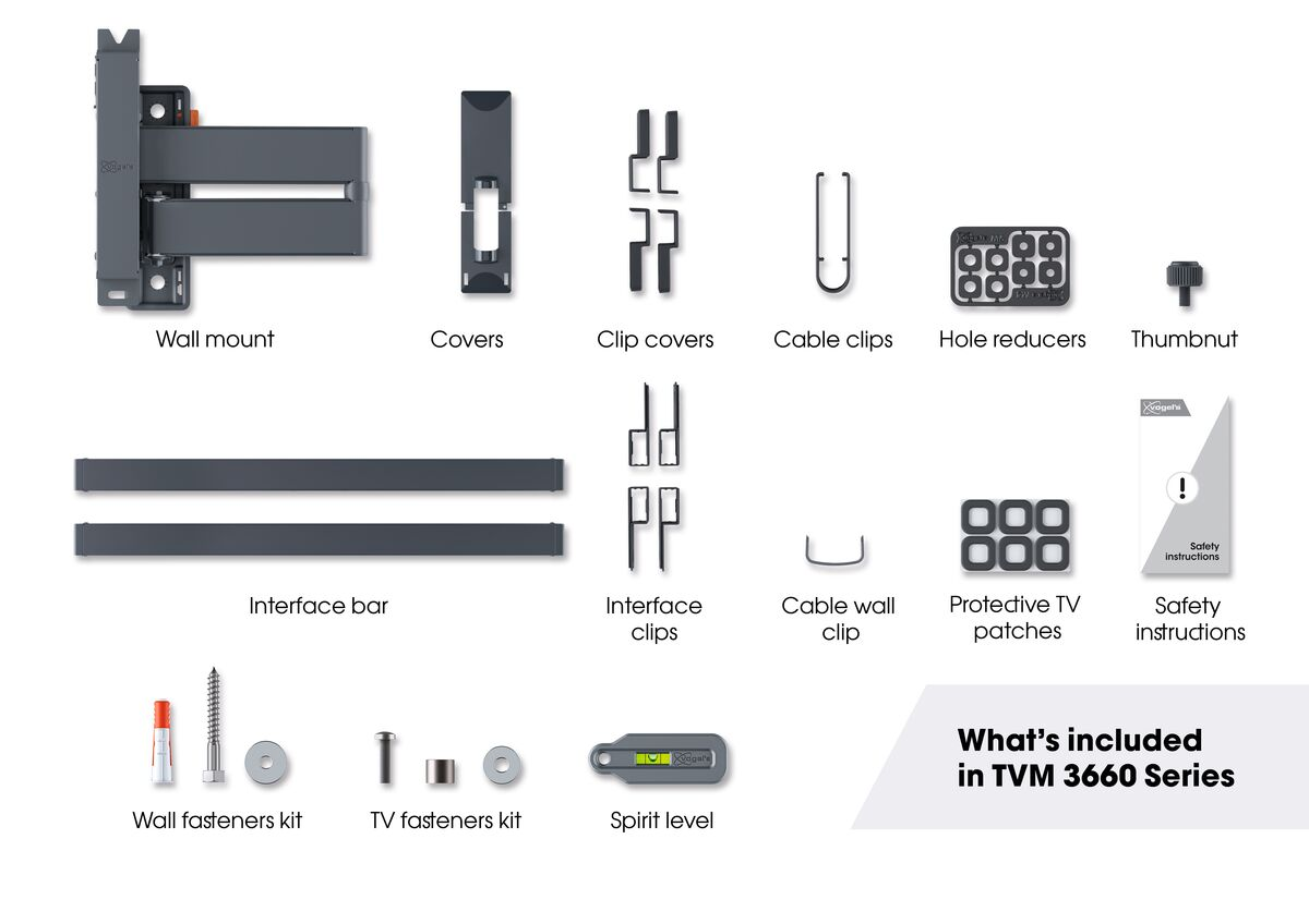 Various TV mounting hardware components, including brackets, screws, and a level.