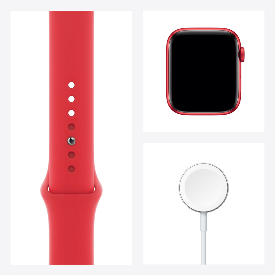 Accesorios Apple Watch. Correa roja, esfera del reloj y cargador. Fondo blanco.