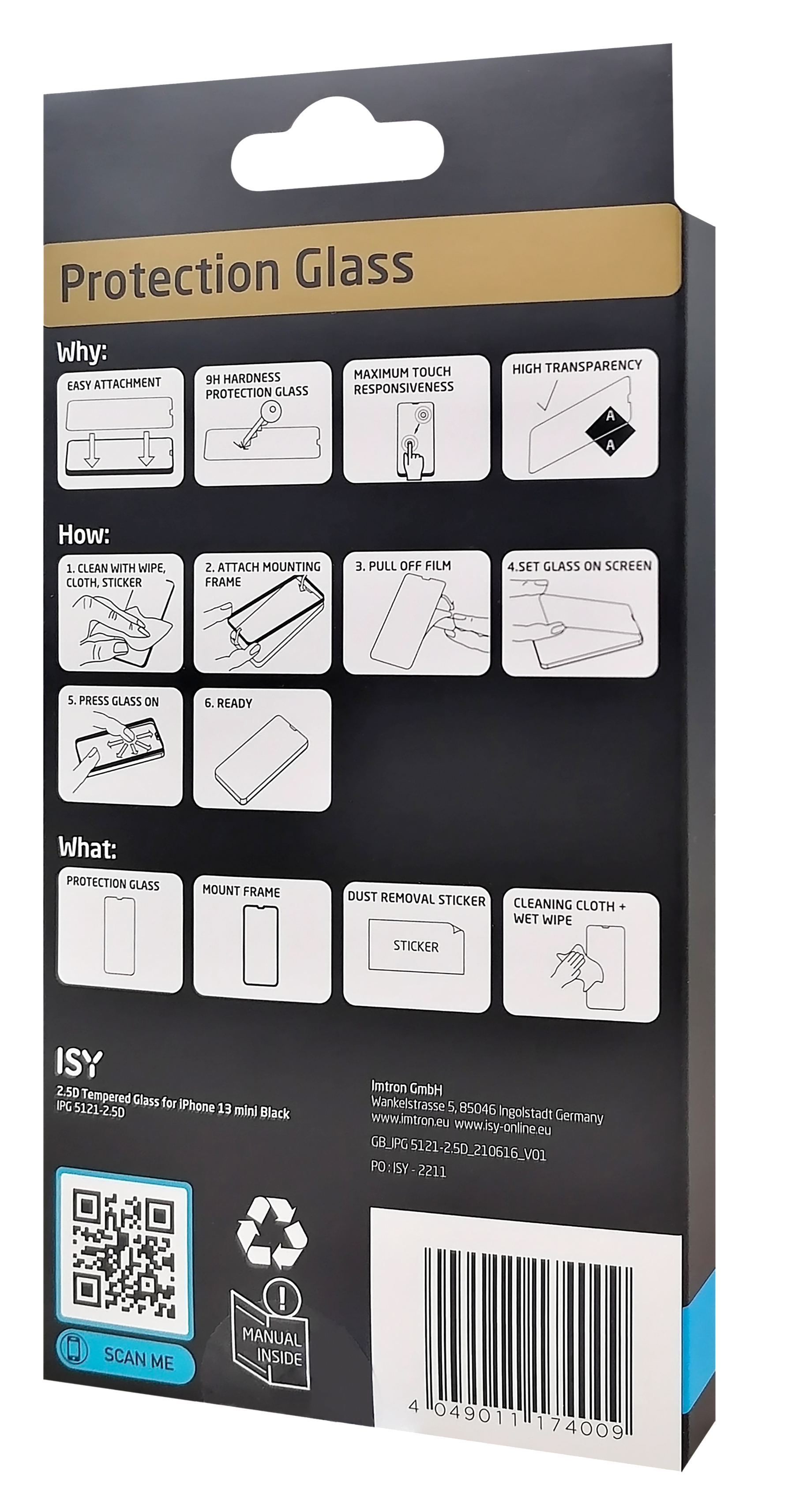 Rückseite einer Schutzglasbox mit Anweisungen und Produktdetails.
