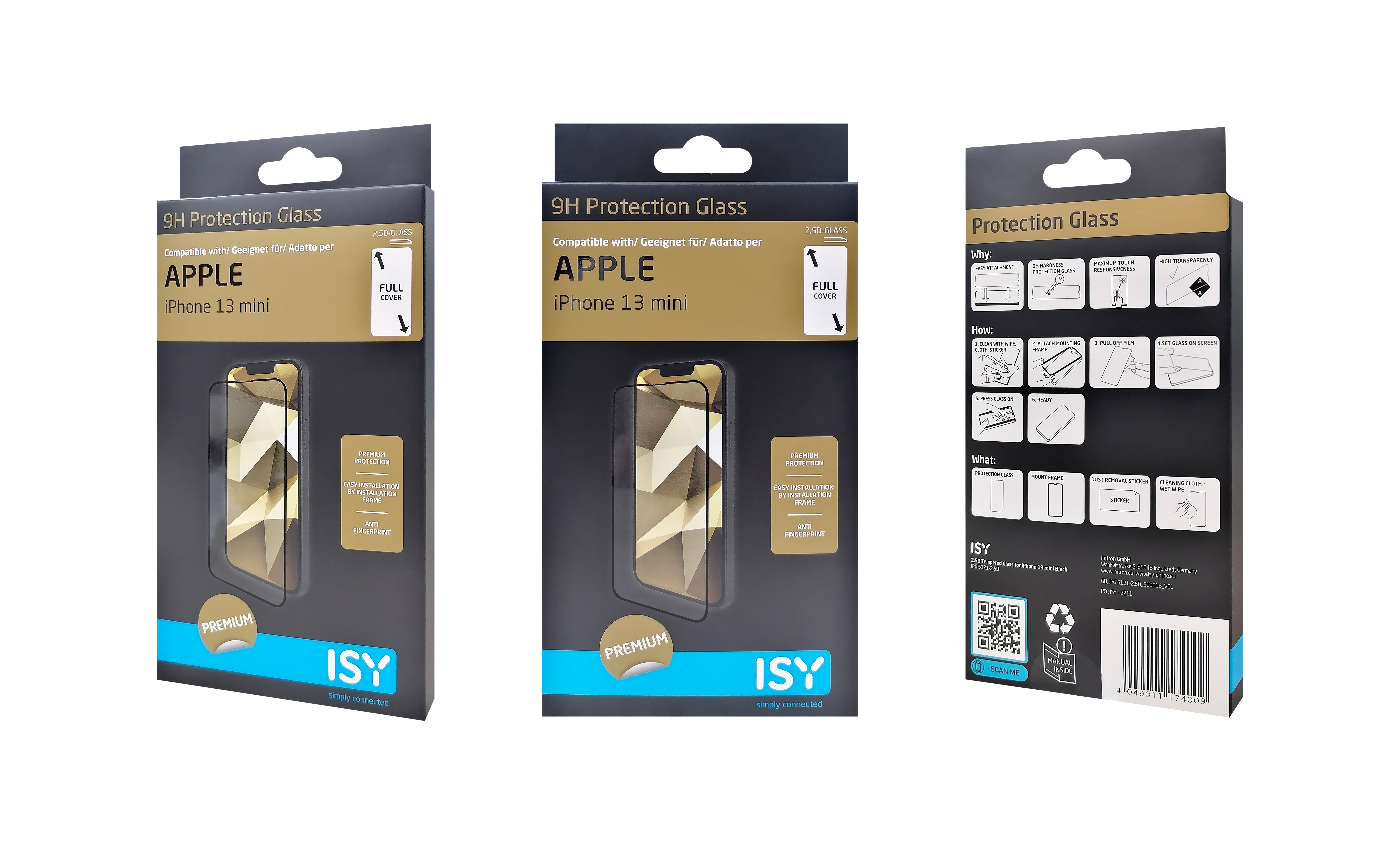 Verpackung für einen Bildschirmschutz für ein iPhone 13 mini. Drei Ansichten der Box.