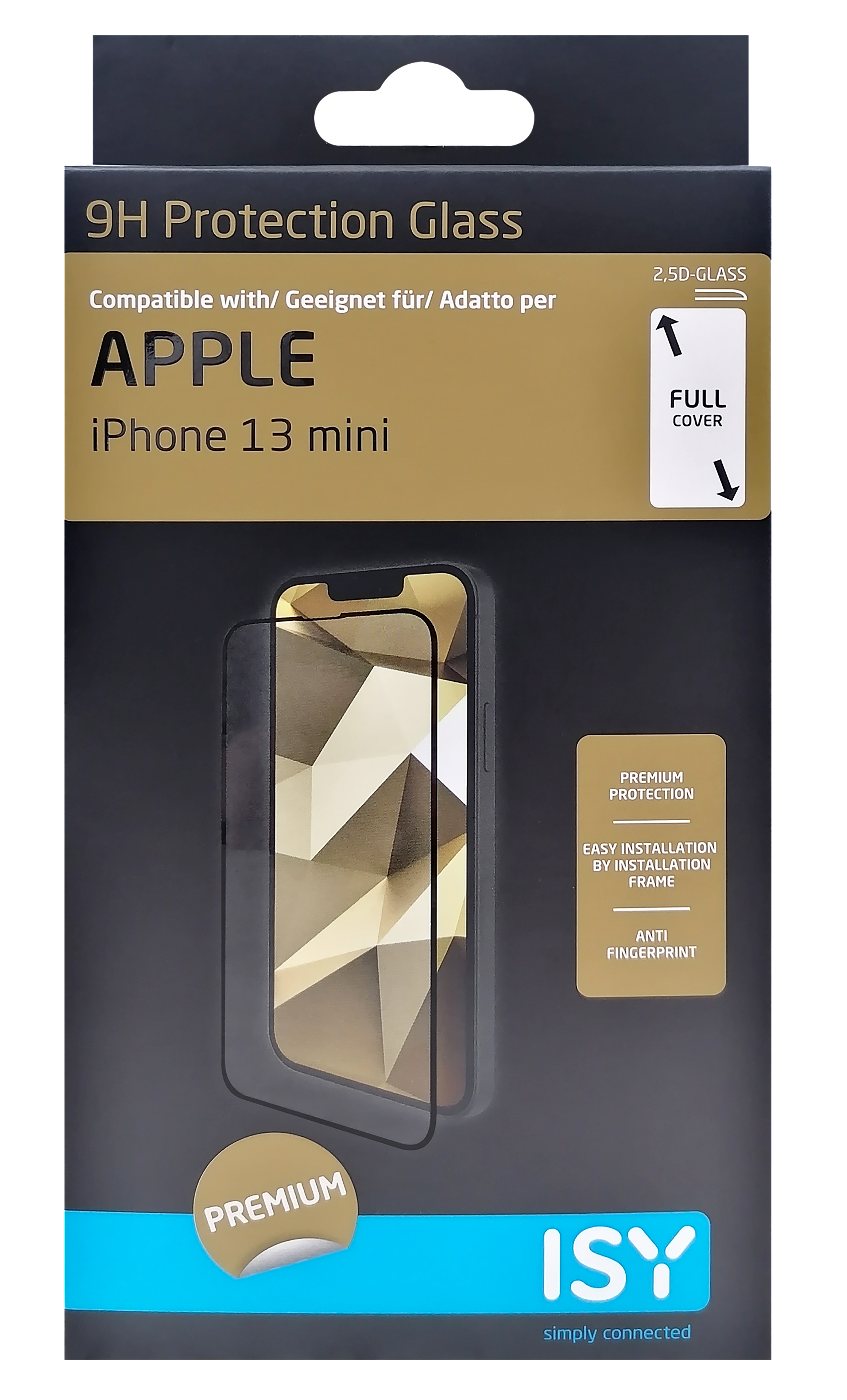 iPhone 13 mini Displayschutzfolien-Verpackung mit Telefon-Display und Produktdetails.