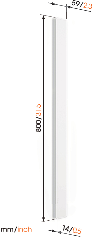 A white, long, thin, and rectangular object with dimensions.