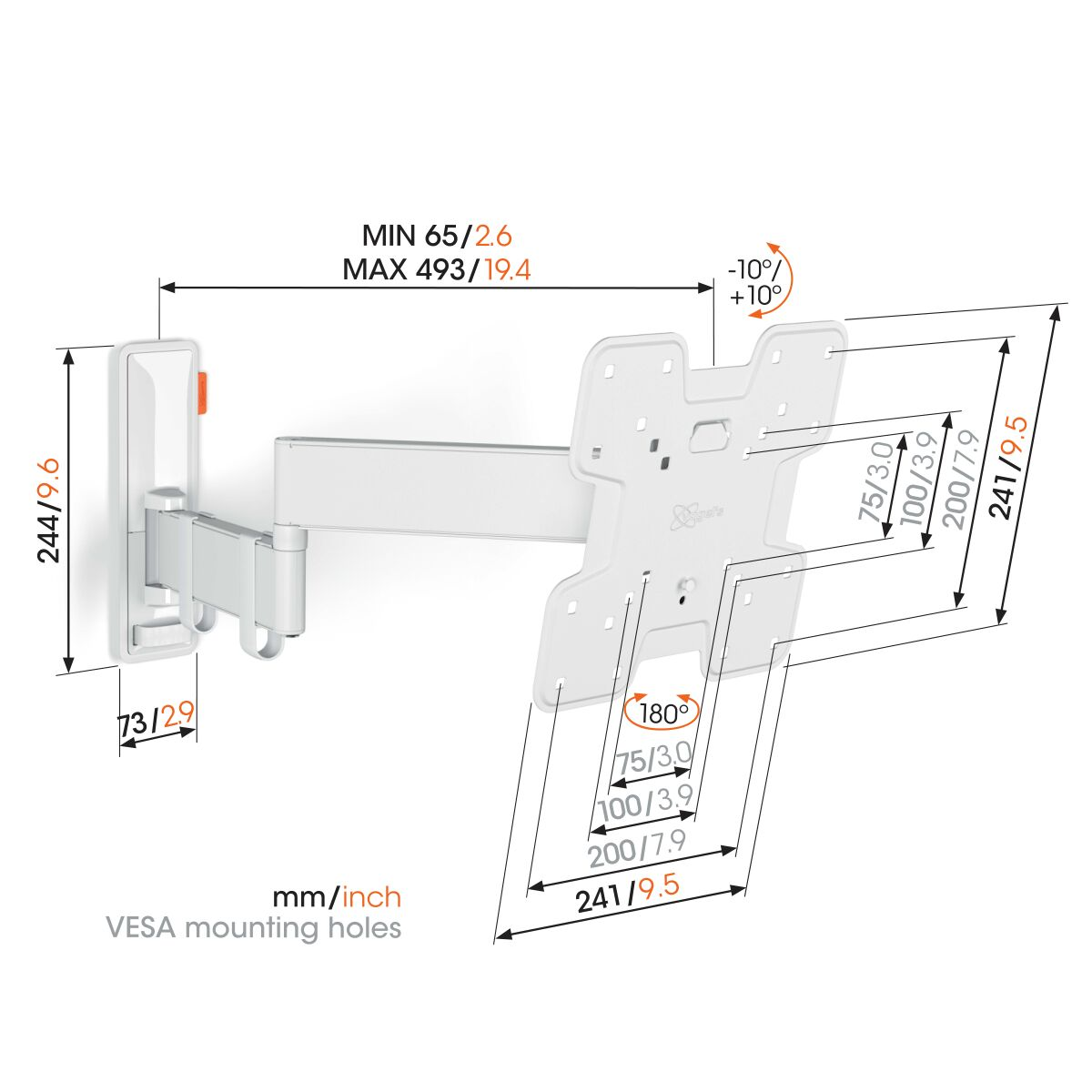 Wandbevestiging met afmetingen in mm en inches. Het is wit, met diagrammen en metingen.