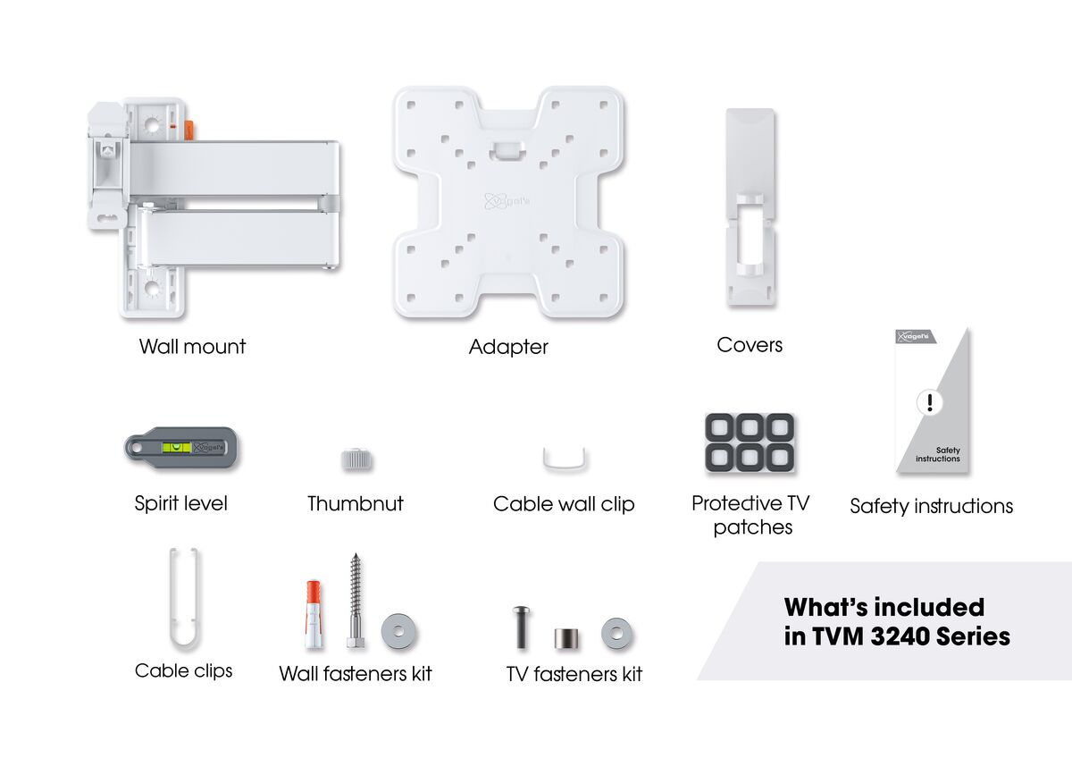 Een set onderdelen waaronder een muurbevestiging, adapter en schroeven, inbegrepen voor een tv-bevestiging.