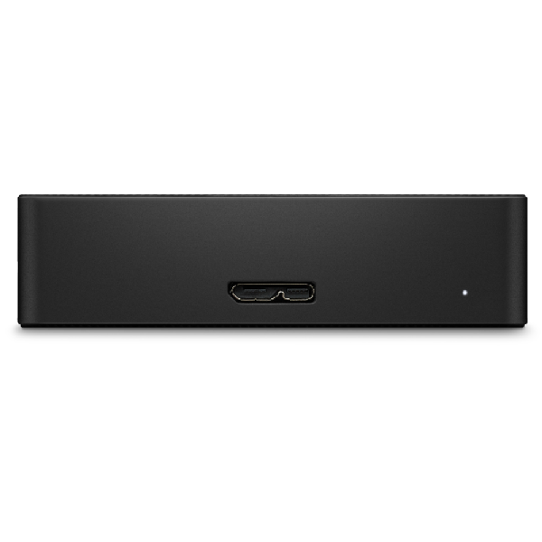 Ön tarafında bir USB bağlantı noktası bulunan siyah dikdörtgen cihaz. Beyaz zemin.