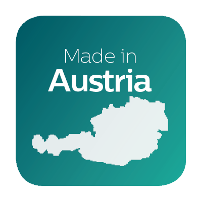 Ein quadratisches Grafik mit abgerundeten Ecken, Text Made in Austria und Österreich-Kartenumriss.