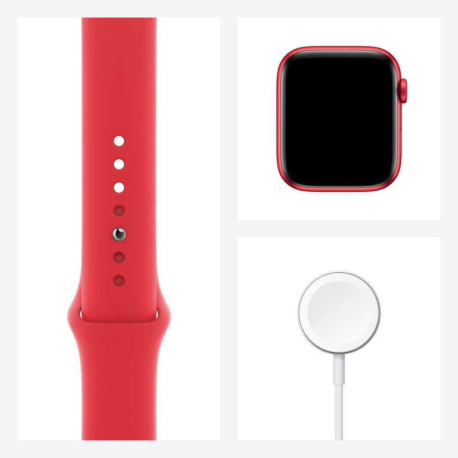 Apple Watch roja, banda y disco de carga, aislados sobre fondo blanco.