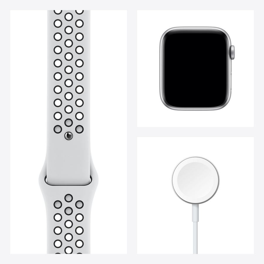 Apple Watch Nike Series 6, GPS, 44 mm, Caja de aluminio en plata, Correa Nike Sport Platino puro/negro
