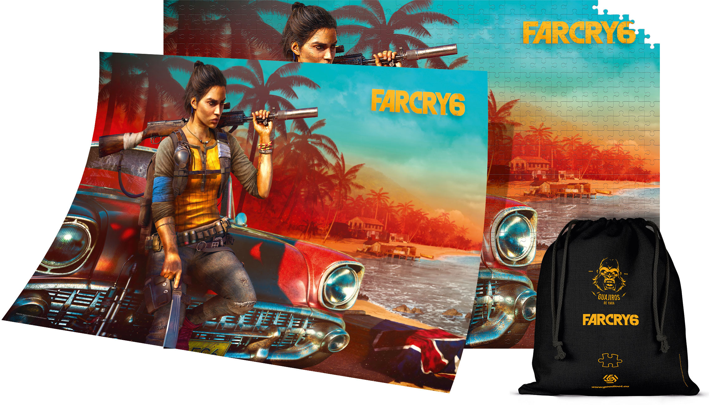 Kirakós játék a Far Cry 6 művészetével. Egy fekete táska jobbra.