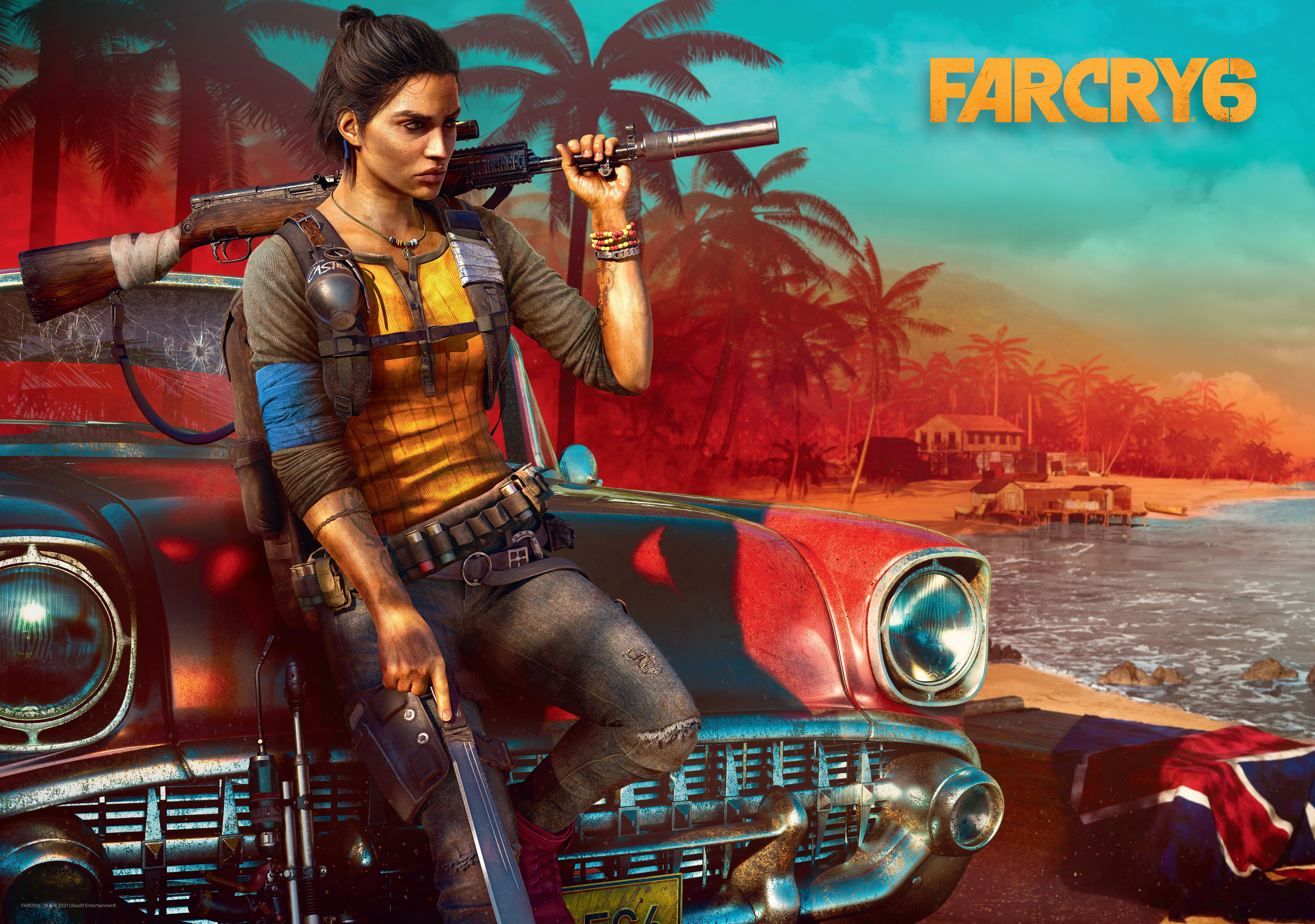 Egy nő puskával egy piros autónak dől, a háttérben pálmafákkal és egy stranddal. Far Cry 6.