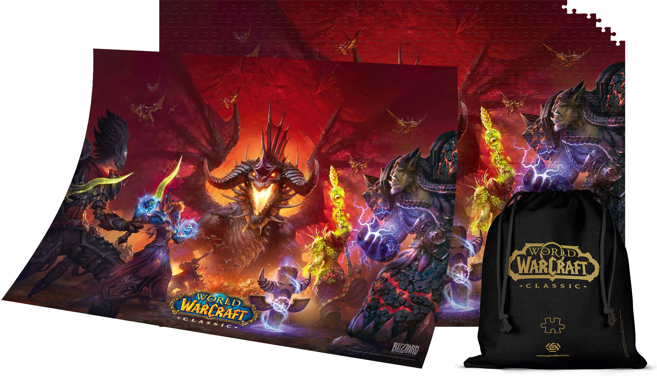 World of Warcraft Classic puzzle sötét lényekkel és hősökkel harcban, fekete zsineges tasakkal.