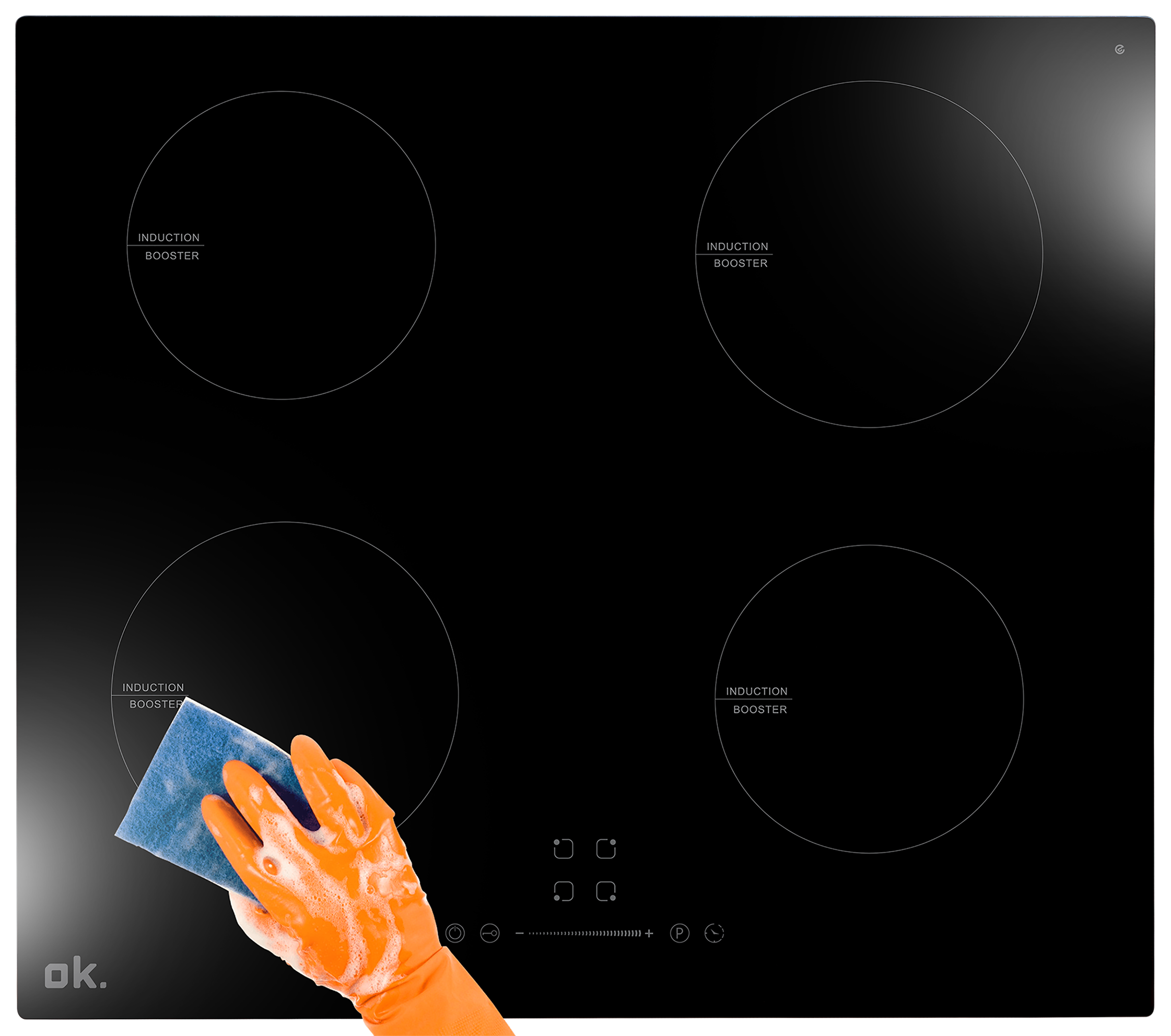 Black induction cooktop. Hand with orange glove cleaning with a blue cloth.