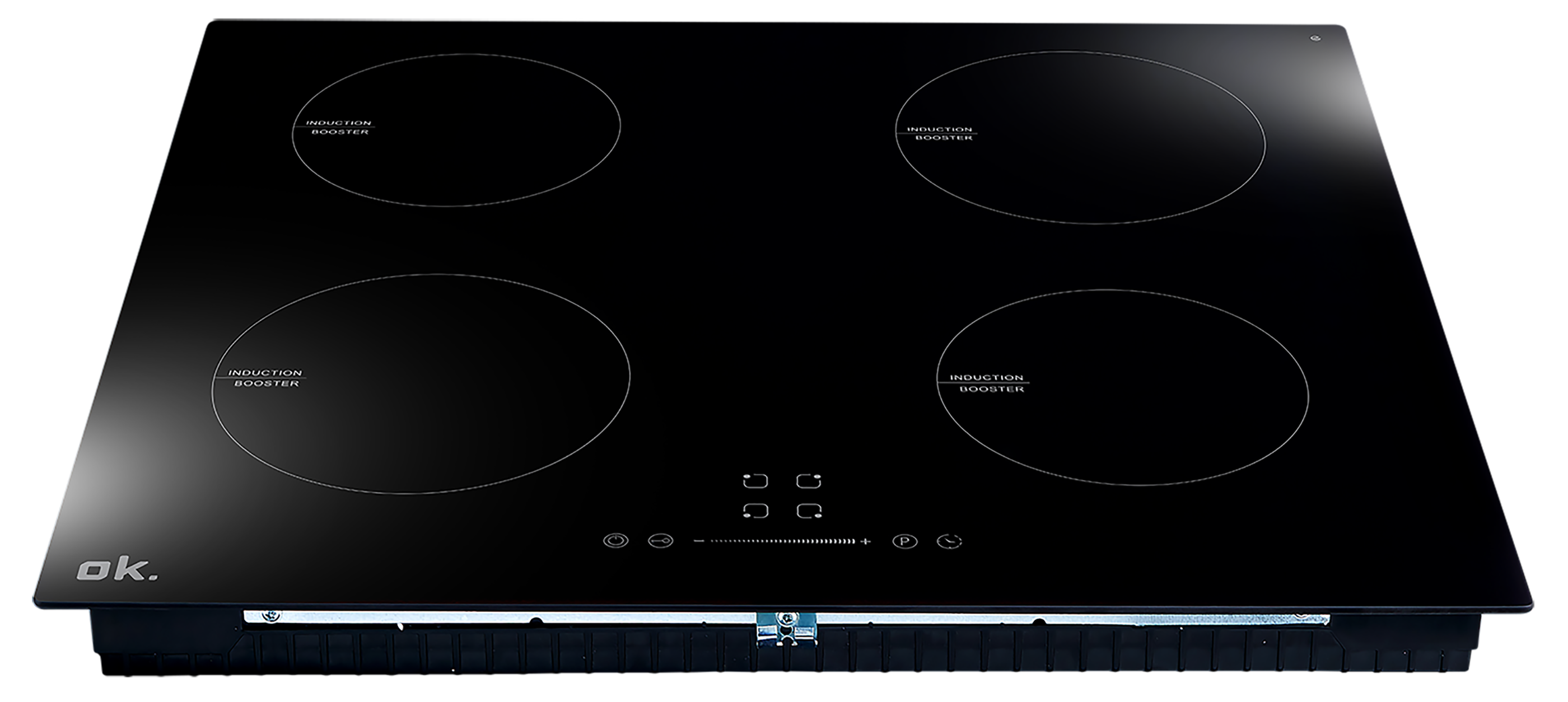 A black induction cooktop with four circular cooking zones and control buttons. The surface is glossy.