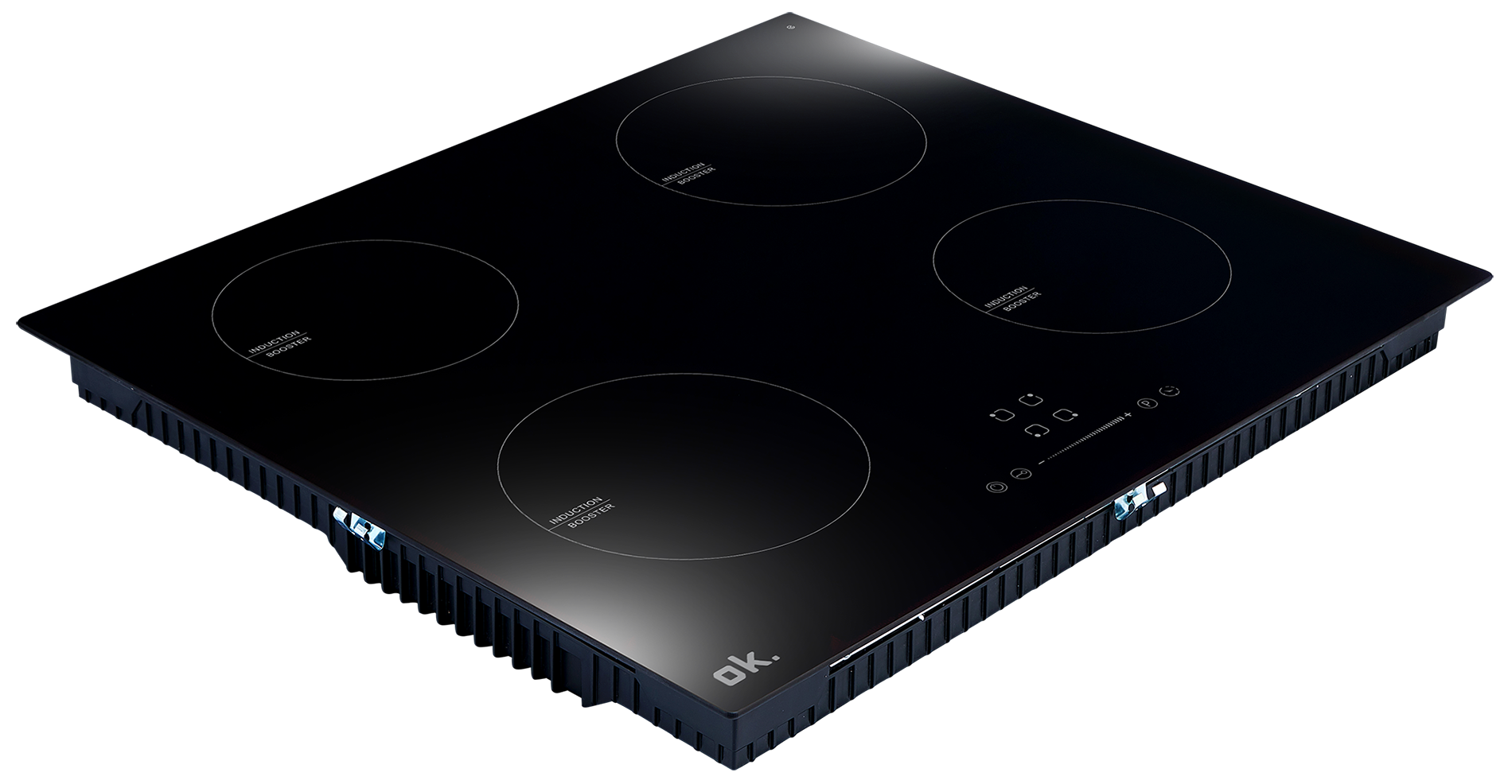 Black induction cooktop with four circular burners, black background.