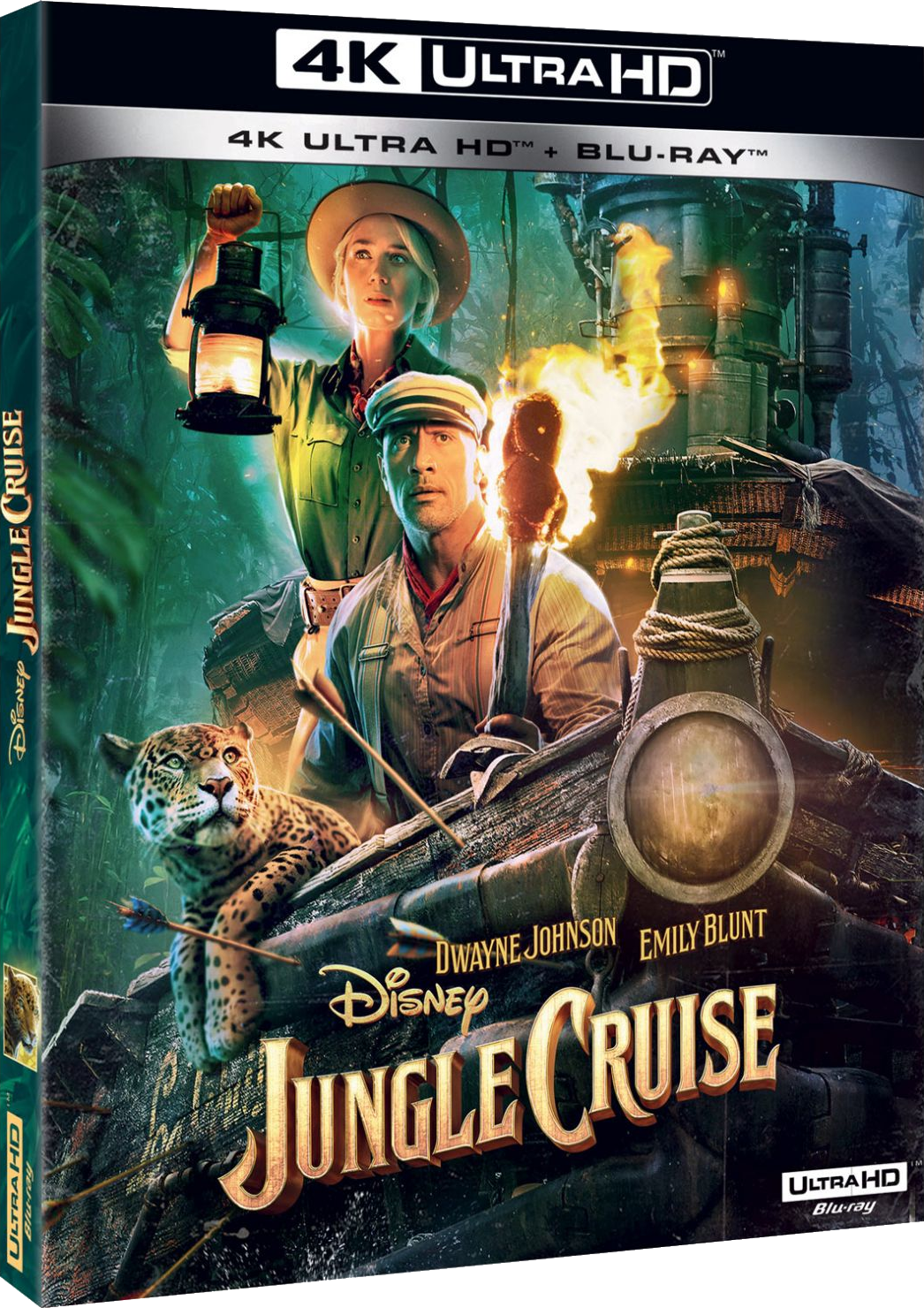 Couverture du film Jungle Cruise. Dwayne Johnson et Emily Blunt sur un bateau avec un jaguar. Feu et fond de jungle.