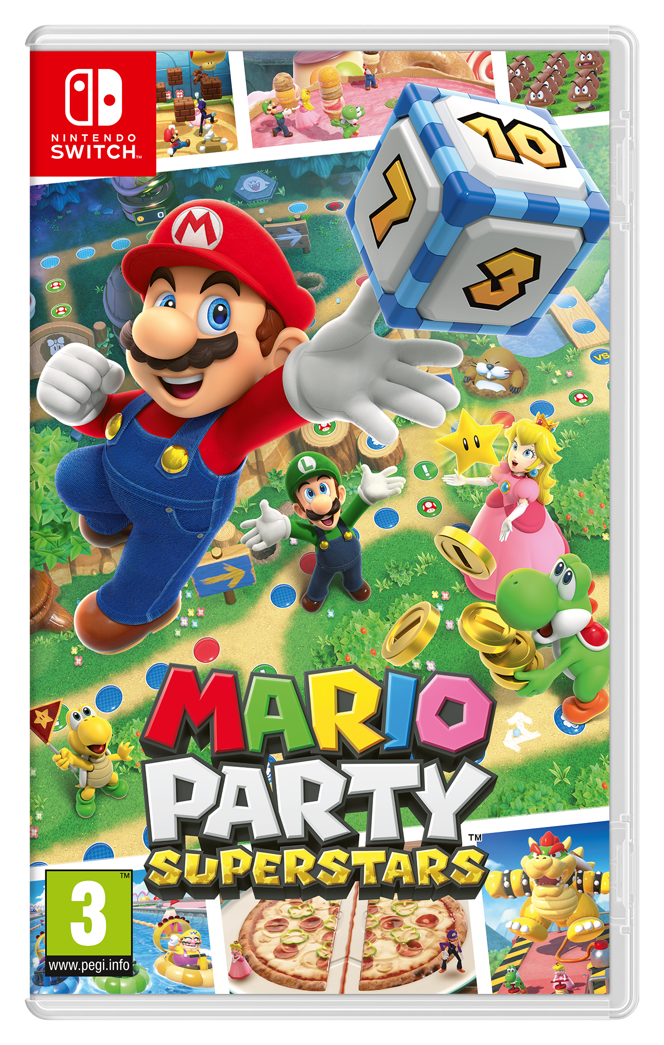 Mario Party Superstars Spielbox. Mario, Luigi, Peach, Yoshi und Bowser sind abgebildet.