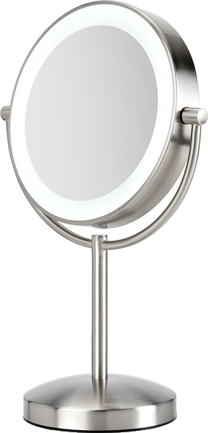 A round silver makeup mirror with LED light around the edge, on a stand.
