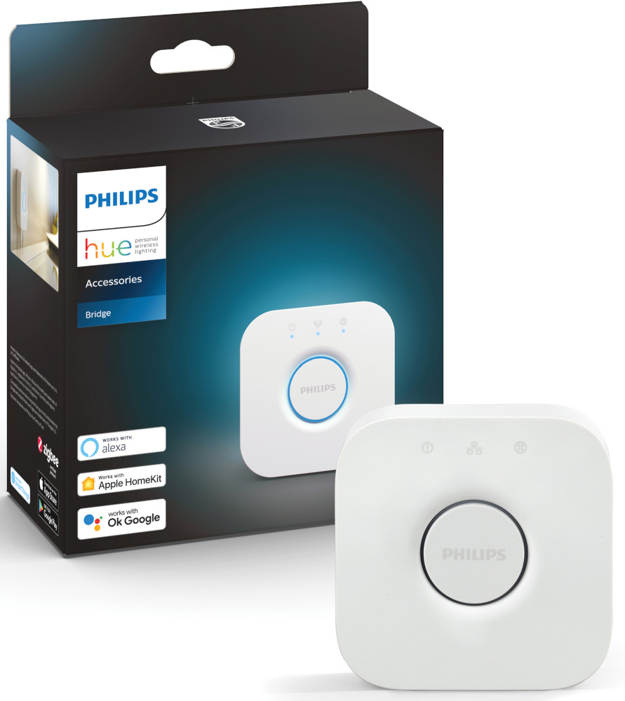 A white Philips Hue bridge with a blue light and a black box.