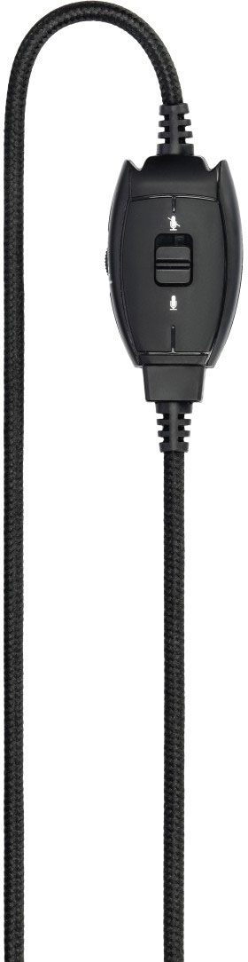 Egy fekete headset kábel beépített vezérlővel. A vezérlő hangerő és némítás funkcióval rendelkezik.