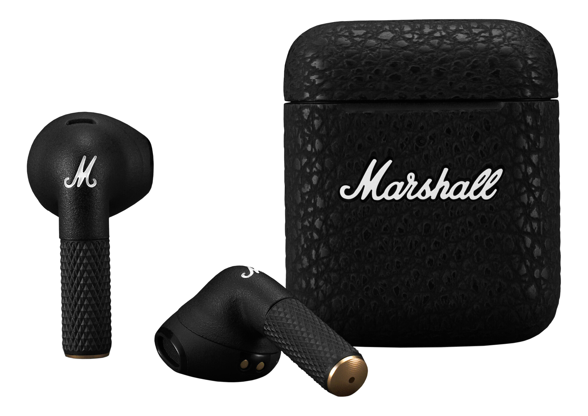 Schwarze Marshall-Ohrhörer und Ladeetui. Die Ohrhörer haben ein weißes 'M'-Logo und strukturierte Griffe.