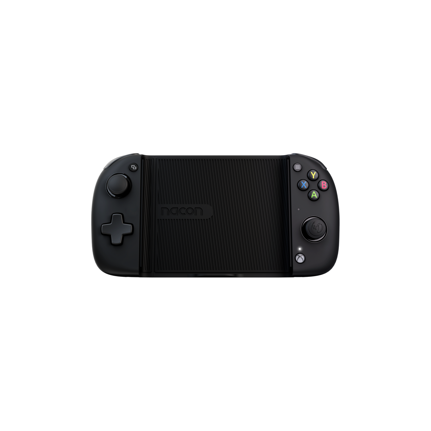Mando de gamepad Nacon negro con botones y cruceta, sobre un fondo negro.