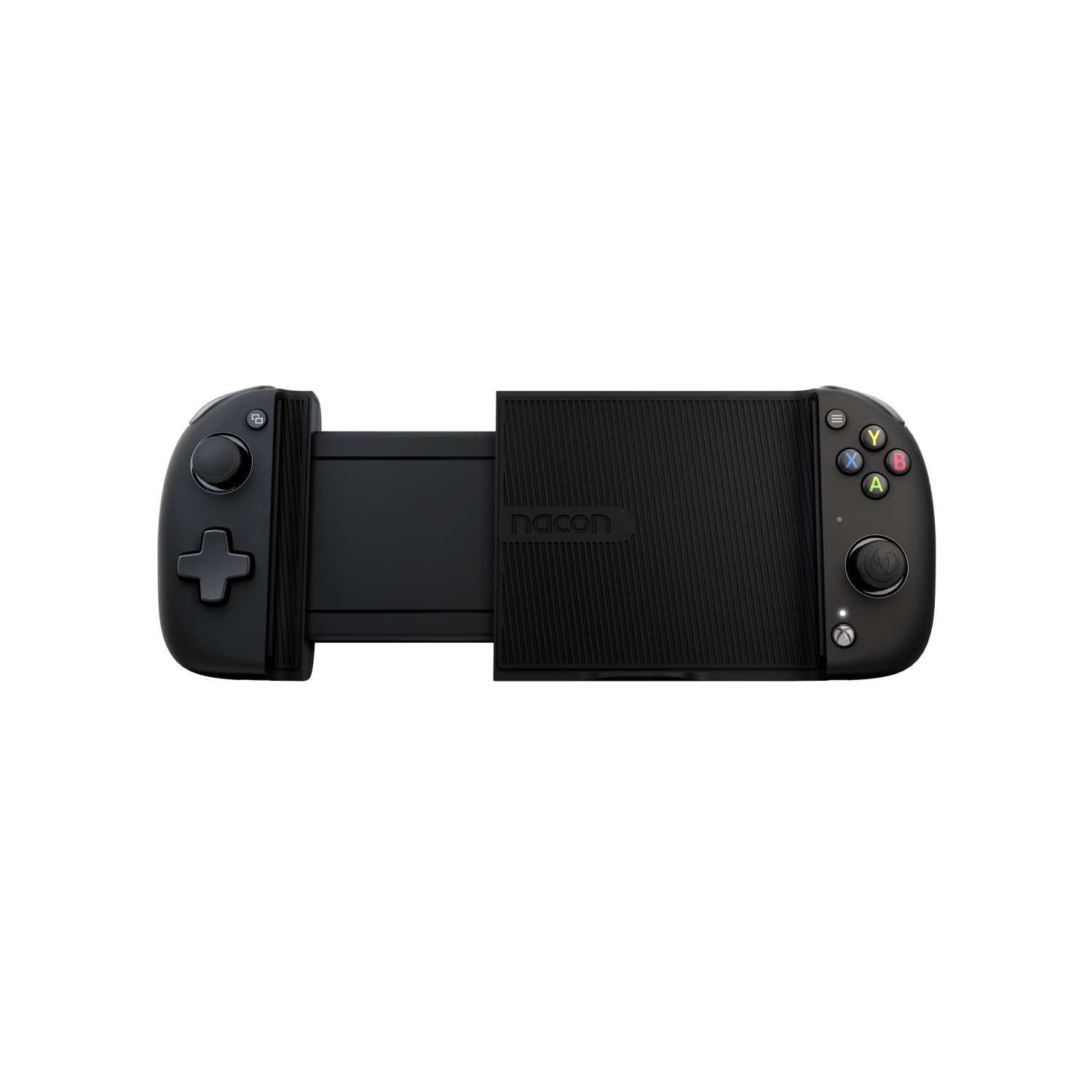 Un gamepad Nacon negro. Tiene una cruceta, palancas y botones de acción. Está sobre un fondo negro.