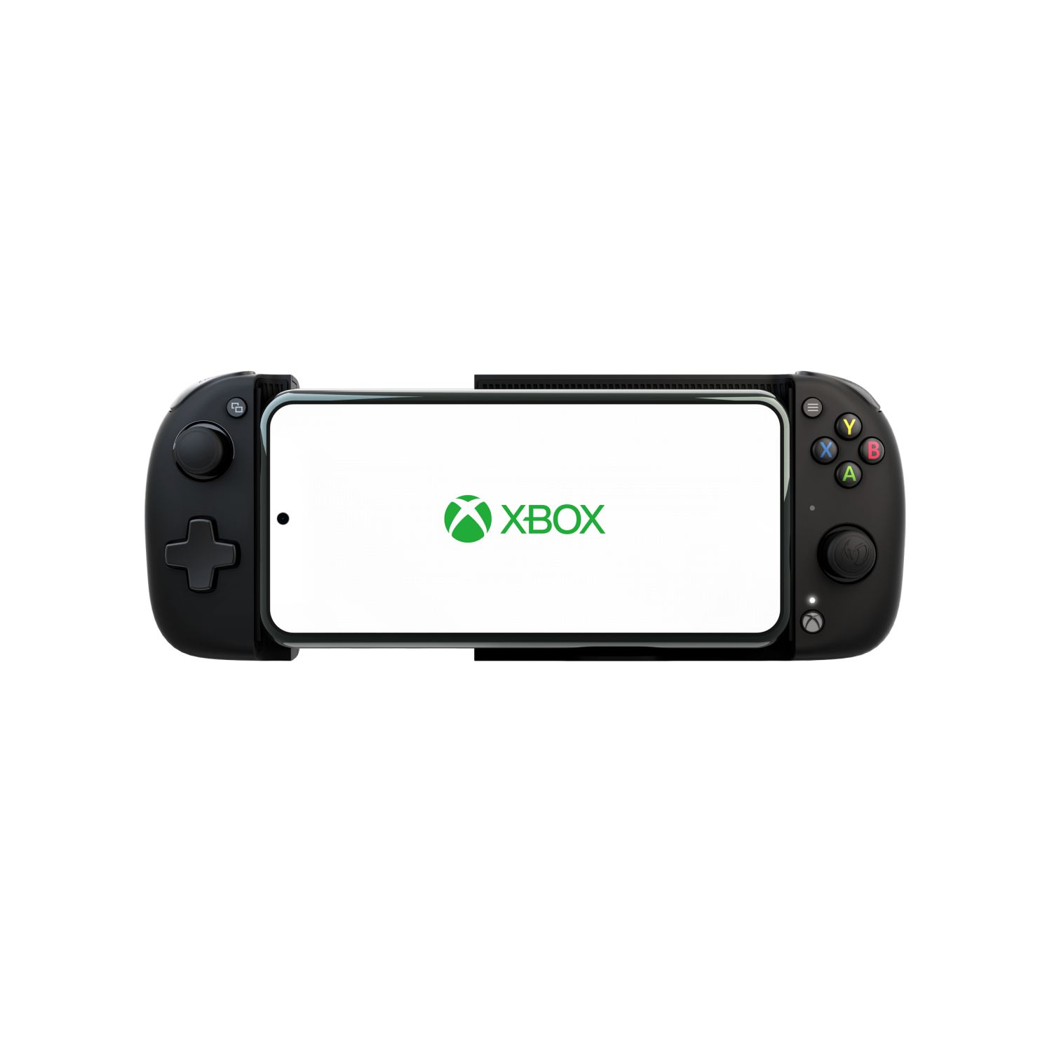 Controlador Xbox negro que sostiene un teléfono con el logo de Xbox.