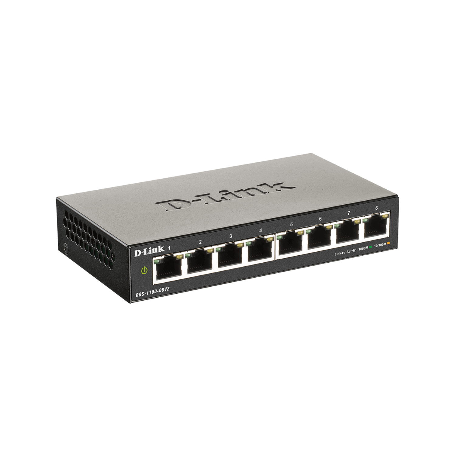 Un switch Gigabit de 8 puertos D-Link negro sobre un fondo blanco.