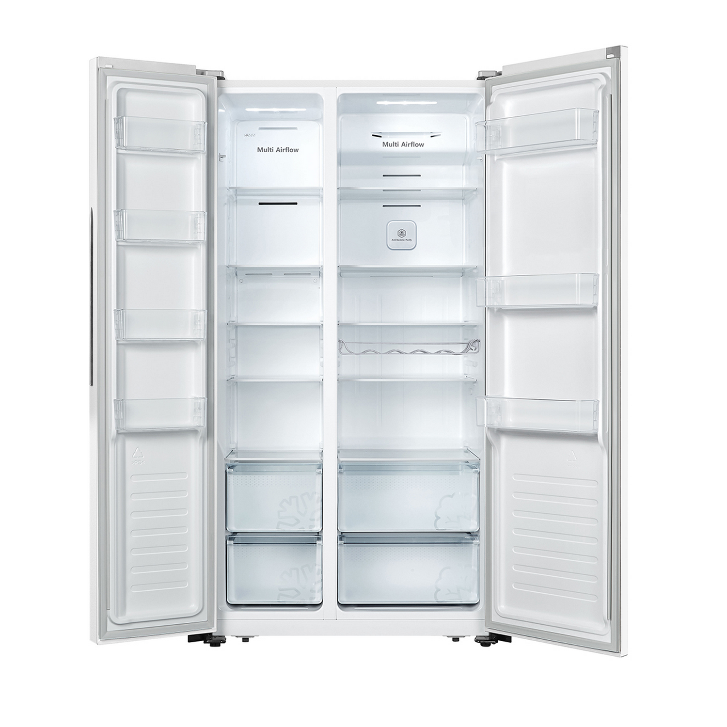 Refrigerador blanco abierto con estantes organizados, cajones y un sistema de flujo de aire múltiple.
