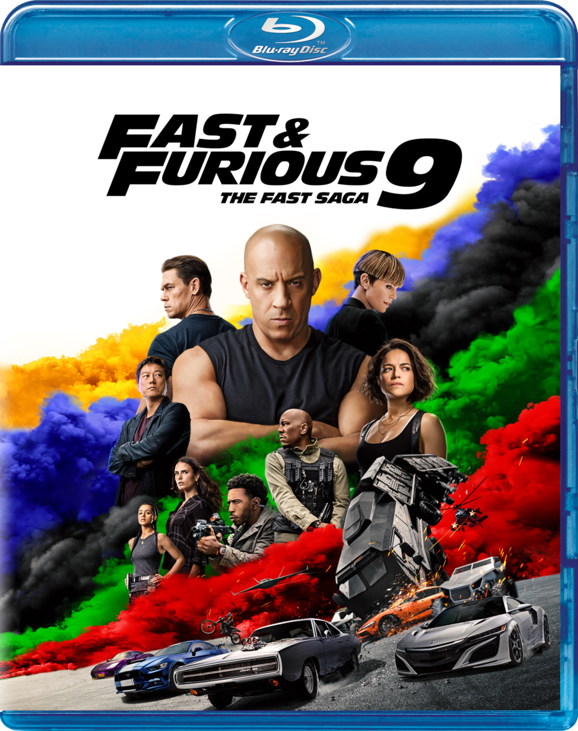Couverture du disque Blu-ray Fast & Furious 9 avec acteurs et voitures.