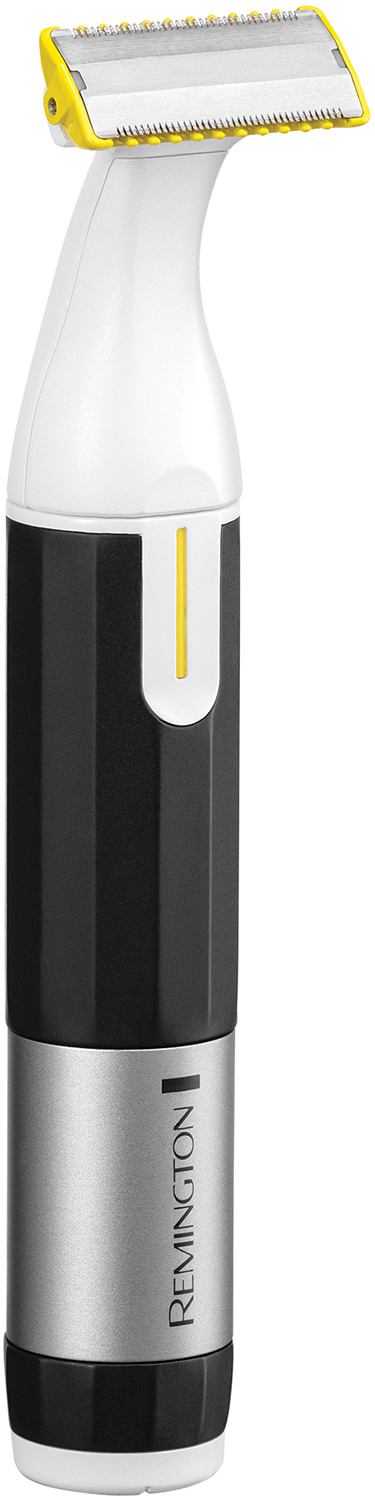A black, silver, and white electric shaver with yellow accents.