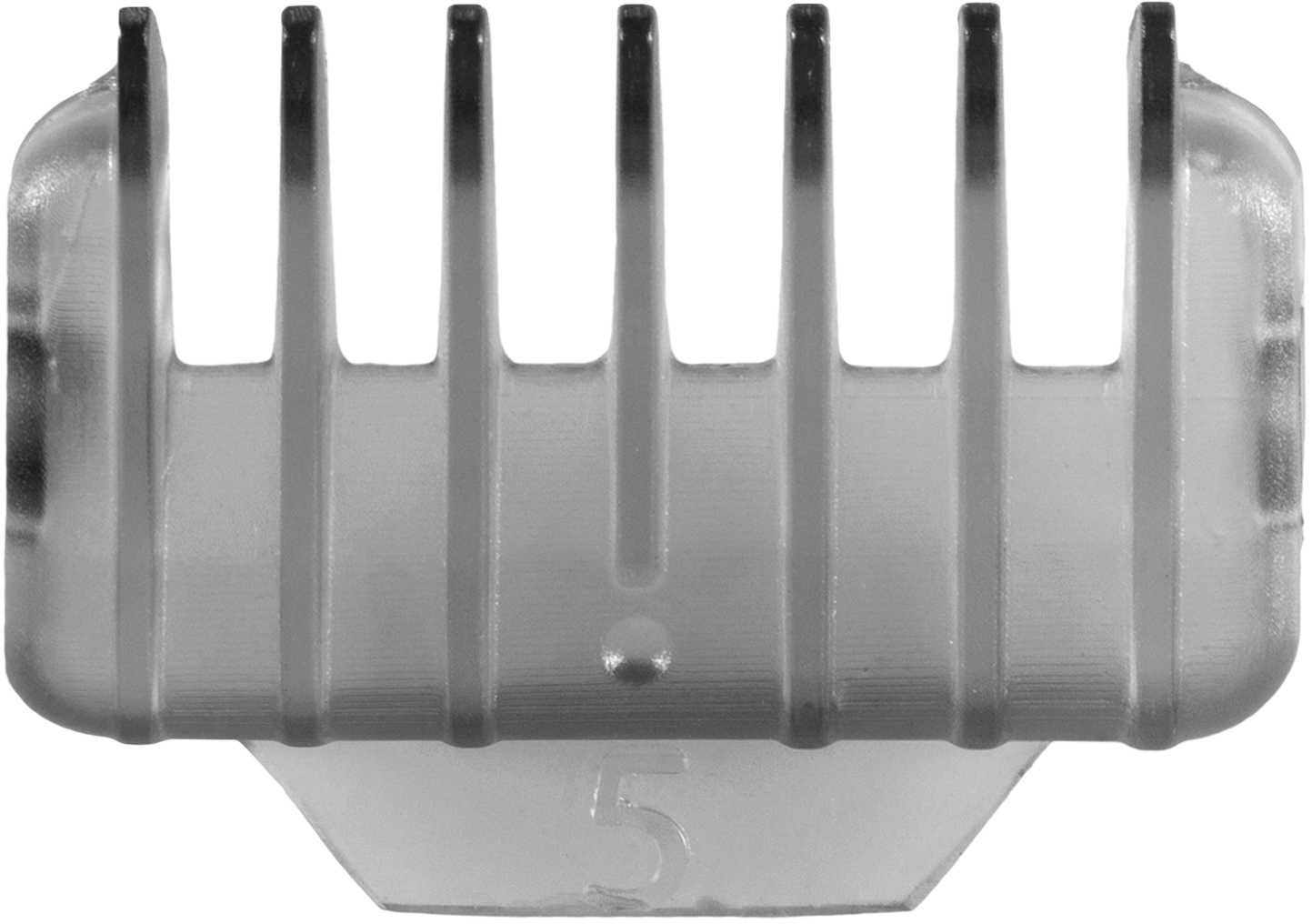 Close up view of a black and gray hair clipper guard, number 5 is printed.