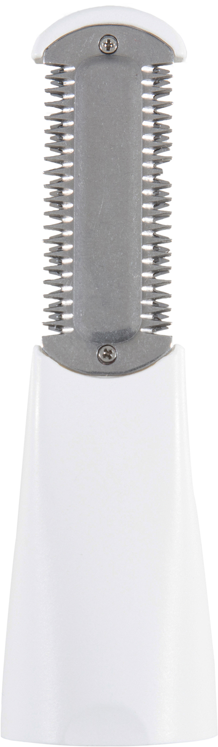 A white hair trimmer head. The blades are silver and the body is white. The background is white.