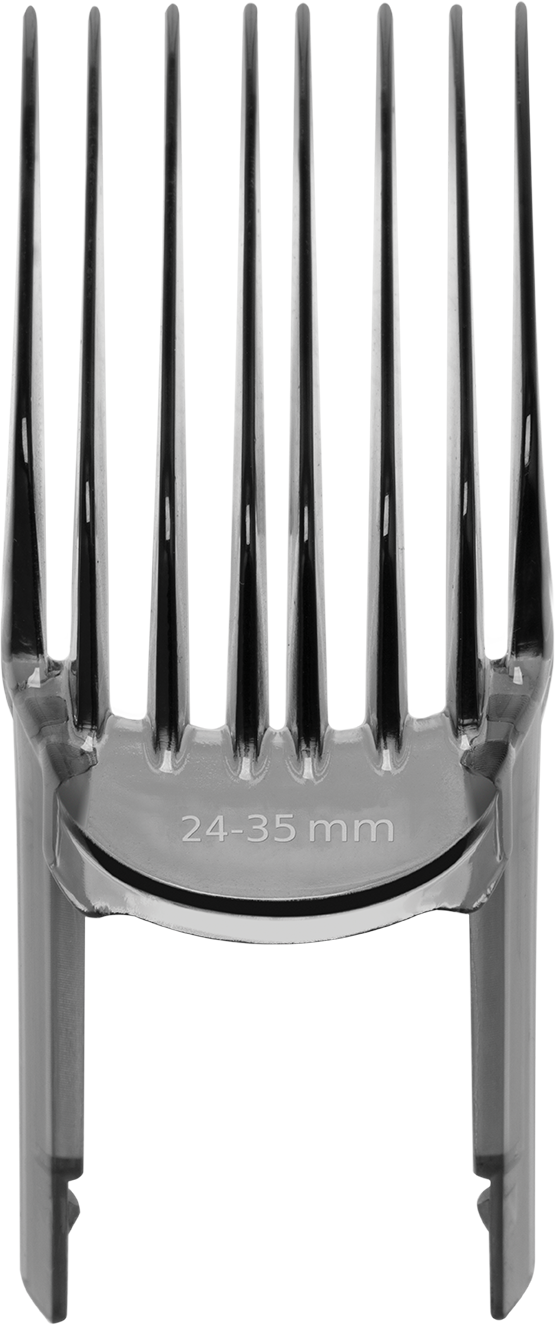 A black and transparent hair clipper comb attachment. It is marked with 24-35 mm.