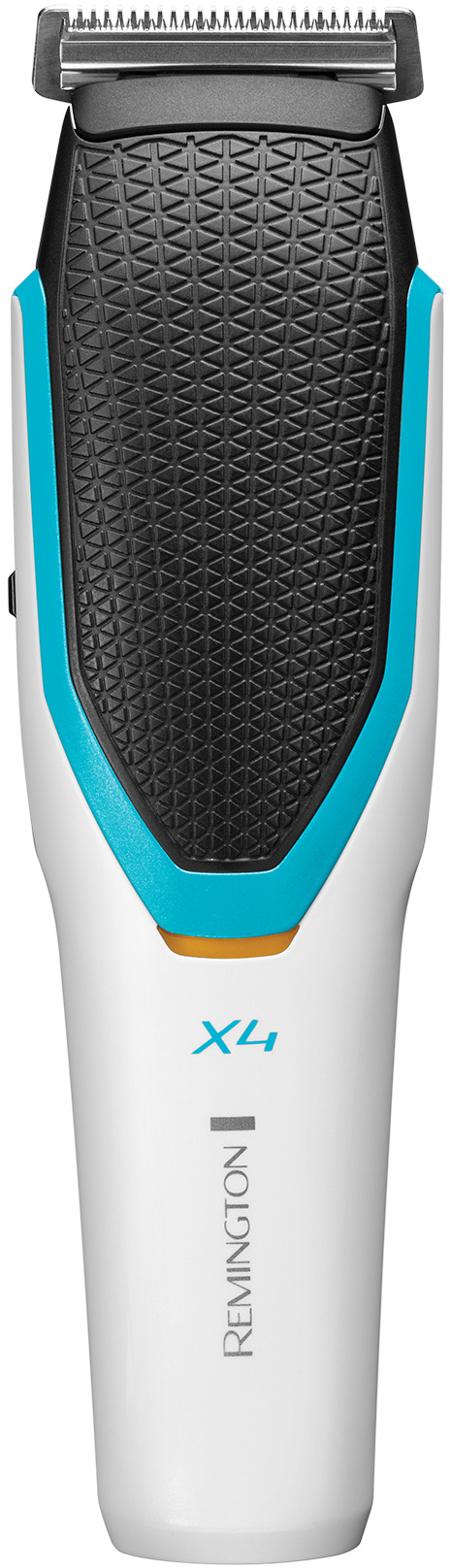 White and black electric shaver with blue accents. Shows the trimmer head.