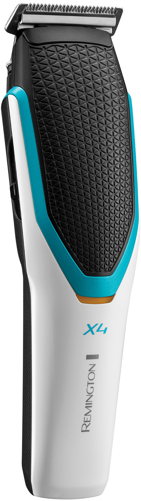 Remington X4 trimmer, white and black body with teal accents, and a black, textured top.