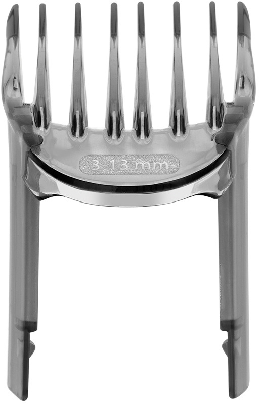 Hair clipper attachment, gray plastic, with 3-13mm guide. Blades visible.