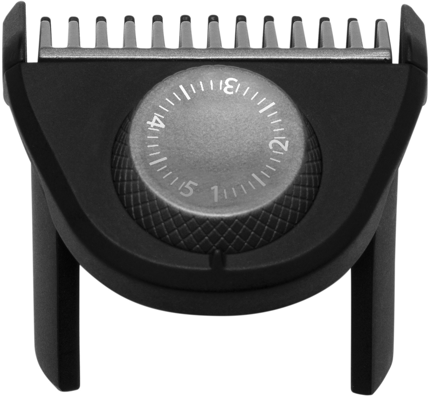 Close-up of a black beard trimmer head with a dial marked with numbers and a comb.