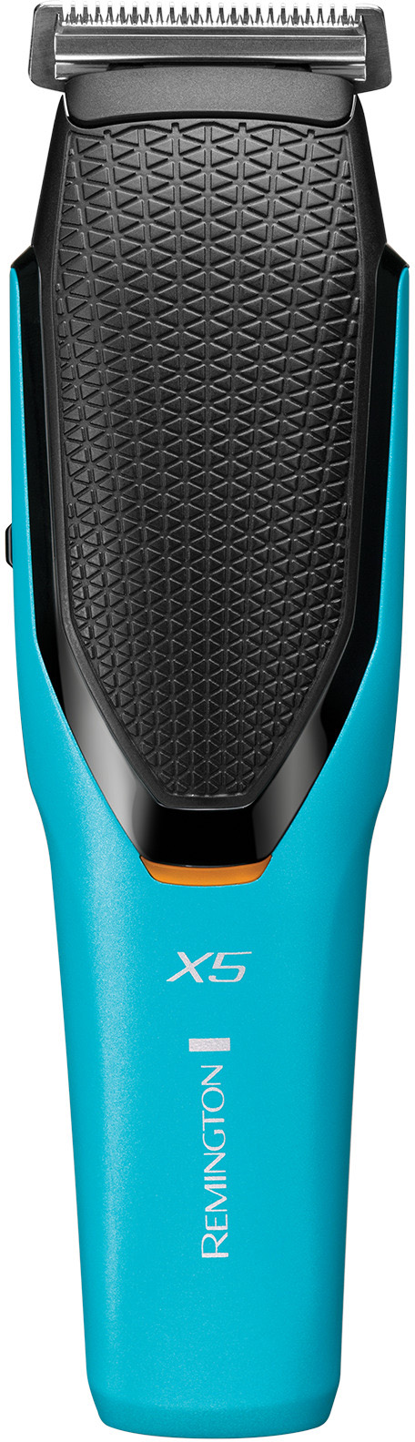 A blue and black Remington X5 trimmer, close-up view, on a white background.