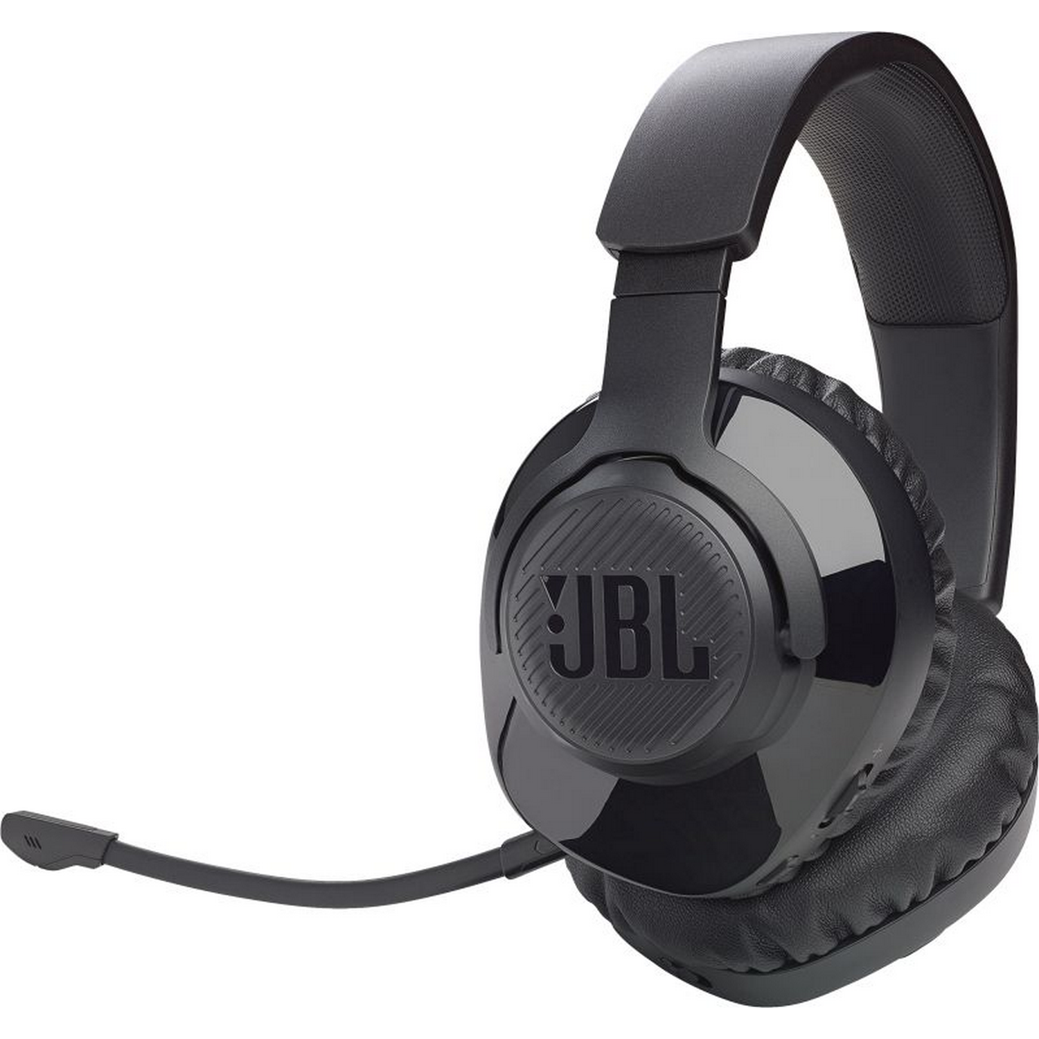 Auriculares JBL negros para juegos con micrófono, el logotipo es visible en la copa.