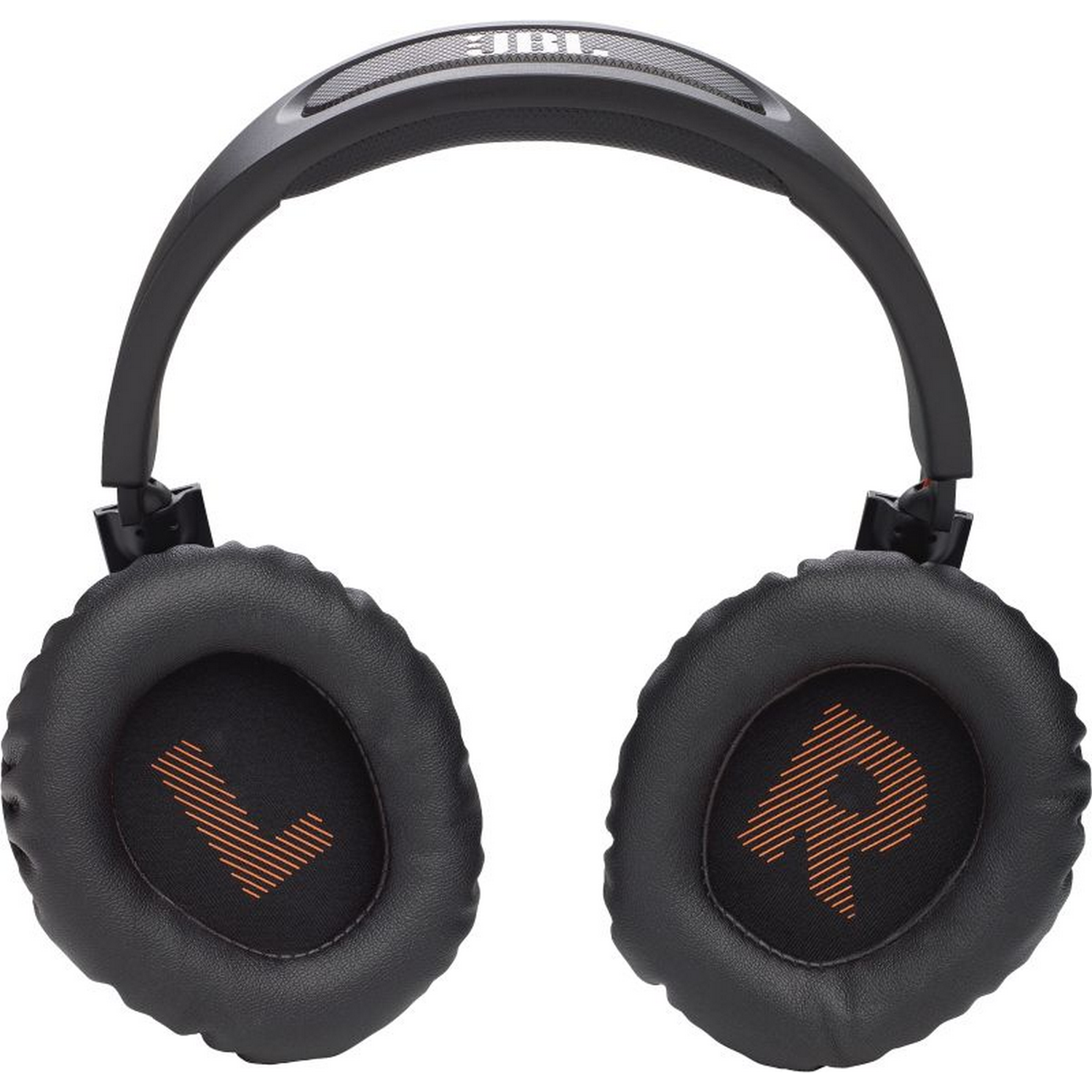Auriculares JBL negros con marcas naranjas de 'L' y 'R' en las orejeras.