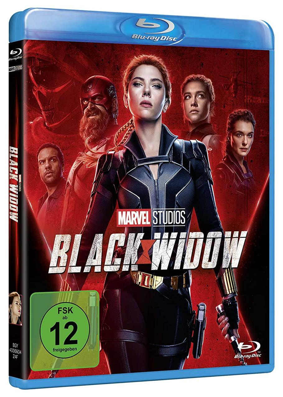 Black Widow Blu-ray Cover mit Scarlett Johansson und anderen Charakteren.