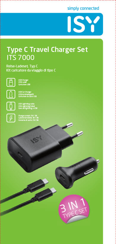Ein Reise-Ladegerät-Set, einschließlich Ladegerät, Autoladegerät und Kabel.