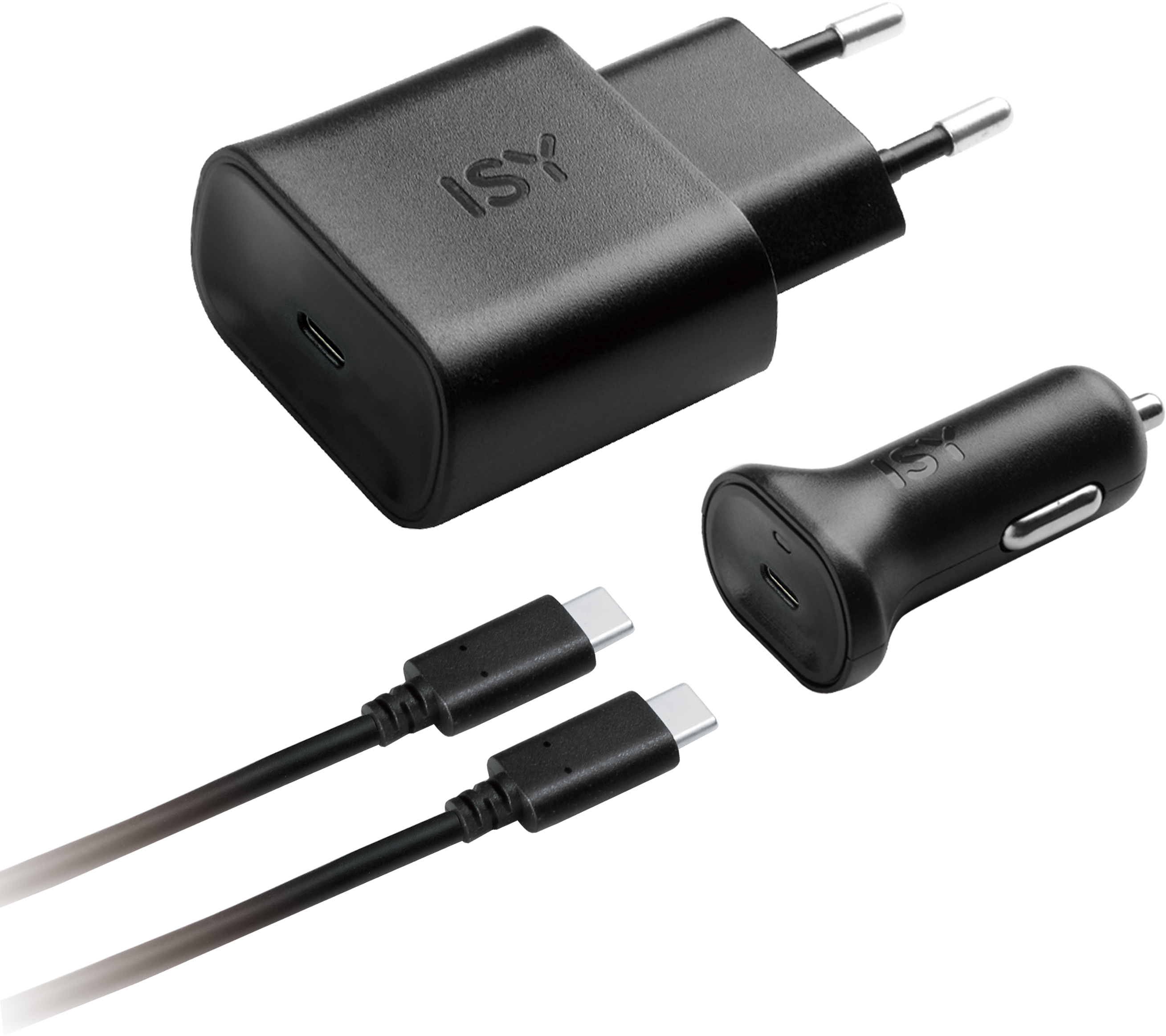 Schwarze ISY-Ladegeräte, ein USB-C-Ladegerät und ein Autoladegerät mit Kabeln.