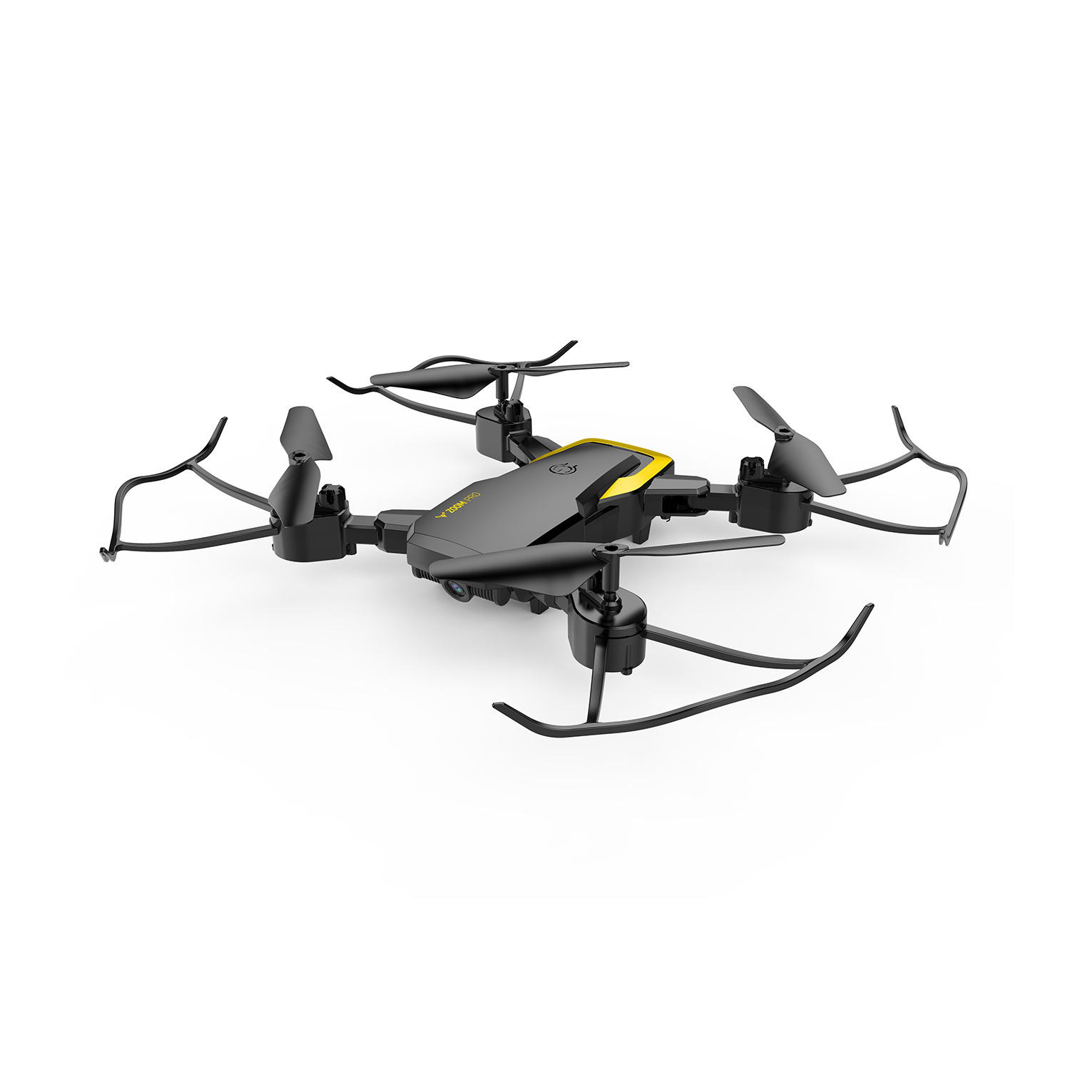 Beyaz bir yüzey üzerinde dört pervaneli ve iniş takımlı siyah ve sarı bir drone.